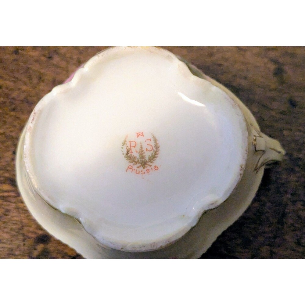 Antique RS Prussia Porcelain Creamer Pitcher Pink Cabbage Roses Floral Gold Trim - Picture 7 of 9